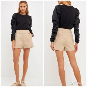 English Factory Black Mixed Media Shirring Sleeve Top Small